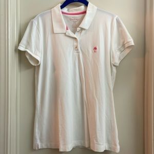Lilly Pulitzer size Large white polo with pink palm tree.